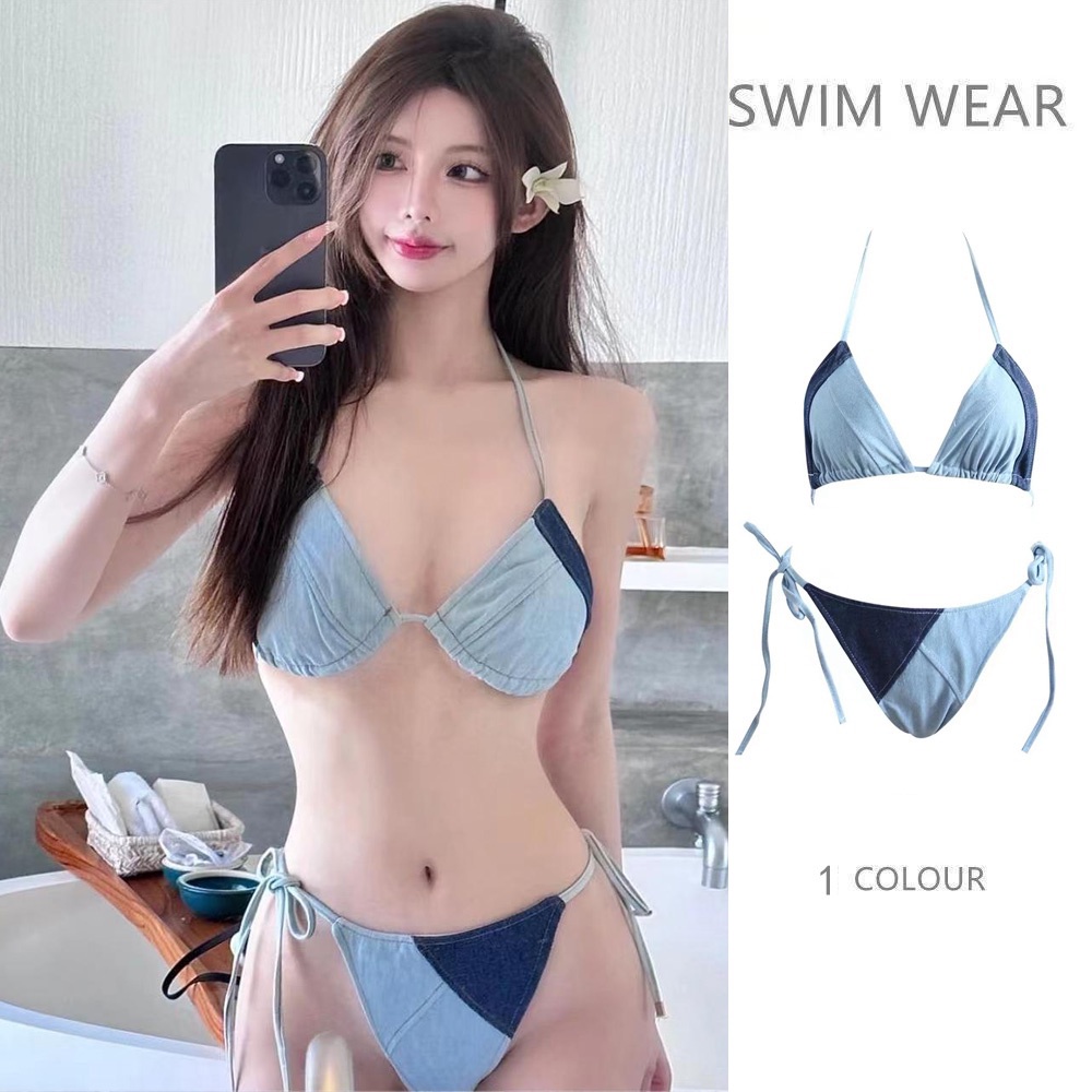 Conjunto De Biquíni De Alta Qualidade Tecido De Ganga Espesso Moda Coreana  Sexy De 2 Peças Fato De Banho De Férias Roupa De Praia