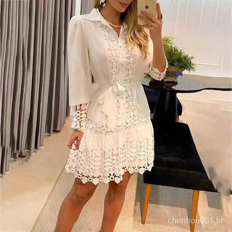 Vestido branco de store renda com manga