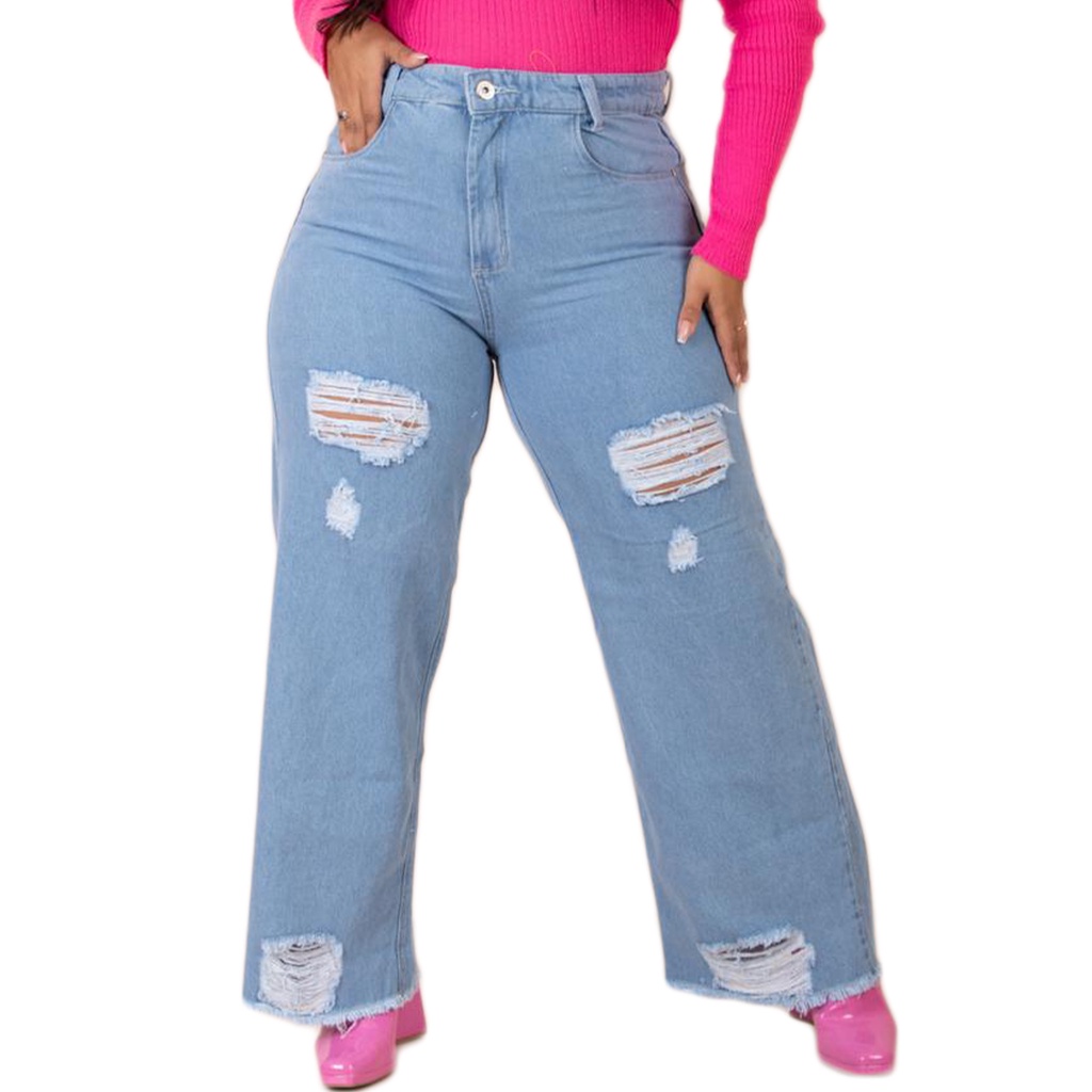 Calça Jeans Plus Size Wide Leg Barra Desfiada Clara Rasgada