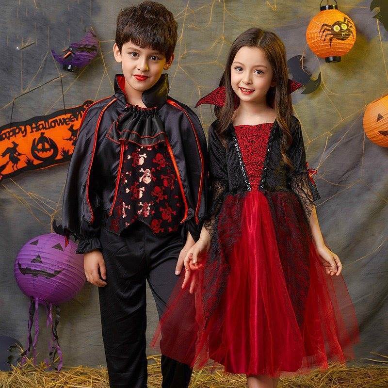 Vestido de vampiro preto e vermelho para meninas, Traje de