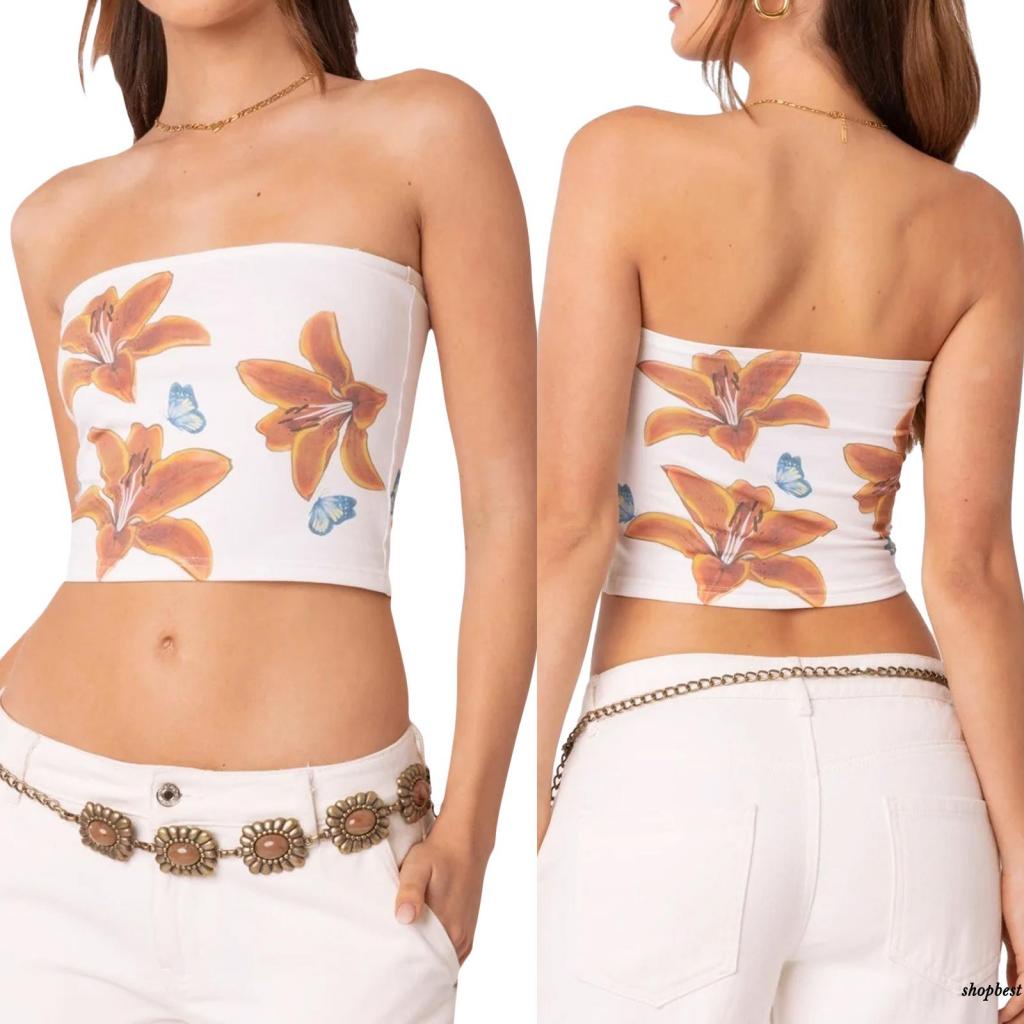 DAS-Campainha De Verão Feminina Com Tops De Tubo Sem Mangas Oferta Floral  De Ombro Impressão Saindo