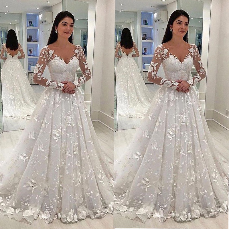 Mangas compridas Vestido de Noiva 2019 Apliques Vestido De Noiva Curto Com  Saia Destacável vestido de Baile Longo Casamento Vestidos Vestidos Novia