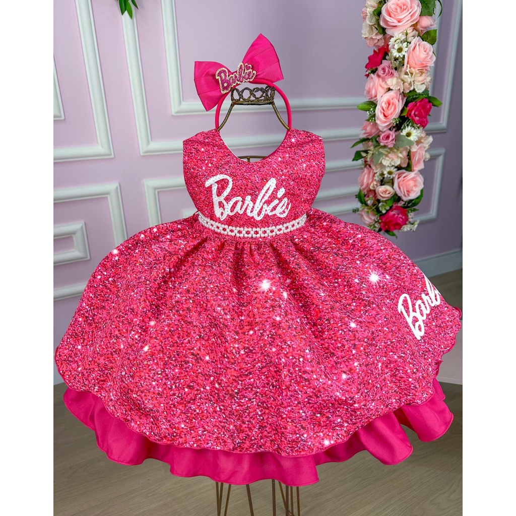 Vestido Princesa Belli Tematico Barbie Pink Babado - Roupa