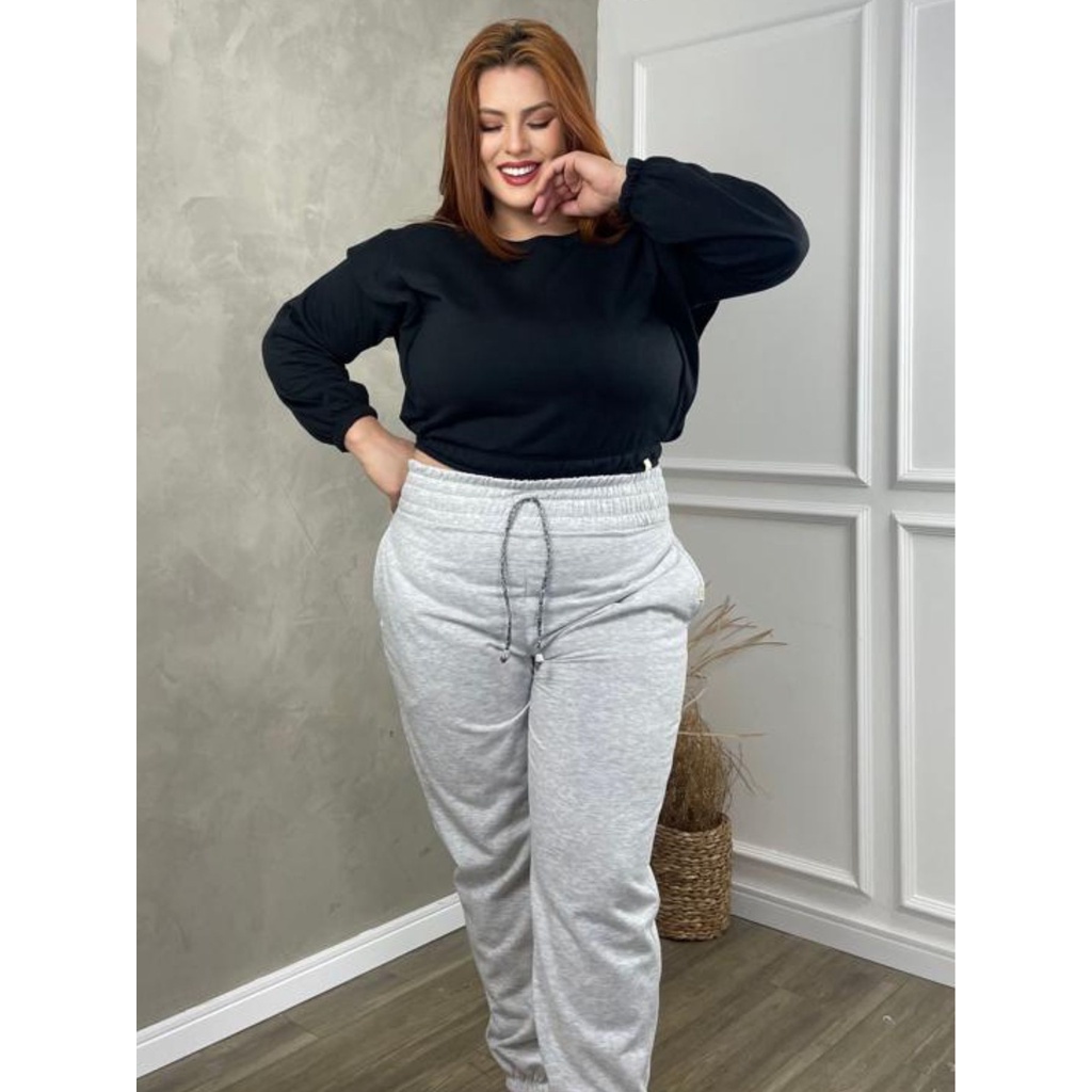 Calça Moletom Feminina Cintura Elástica Larga Tamanho Plus Size