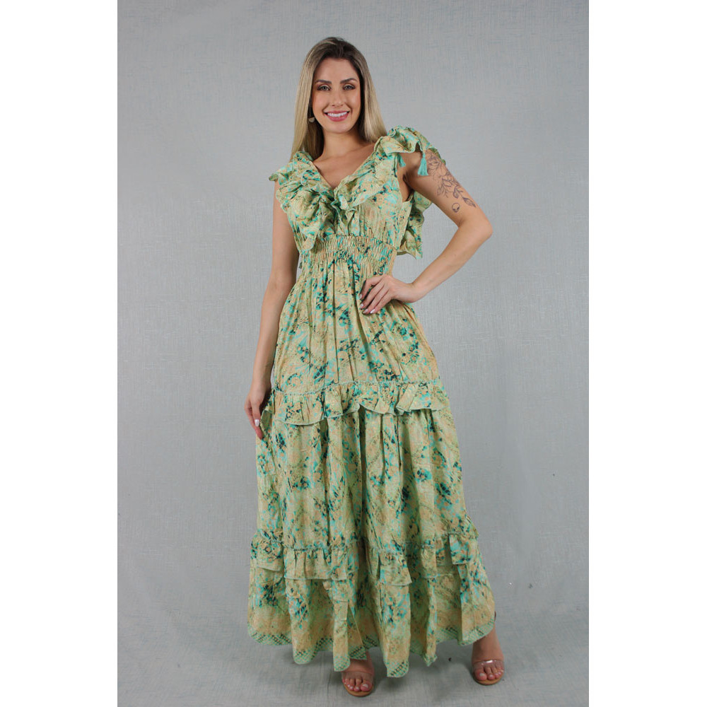 KIARA BRAZIL Vestido longo de crepe manga 3/4 boho moda indiana hippie