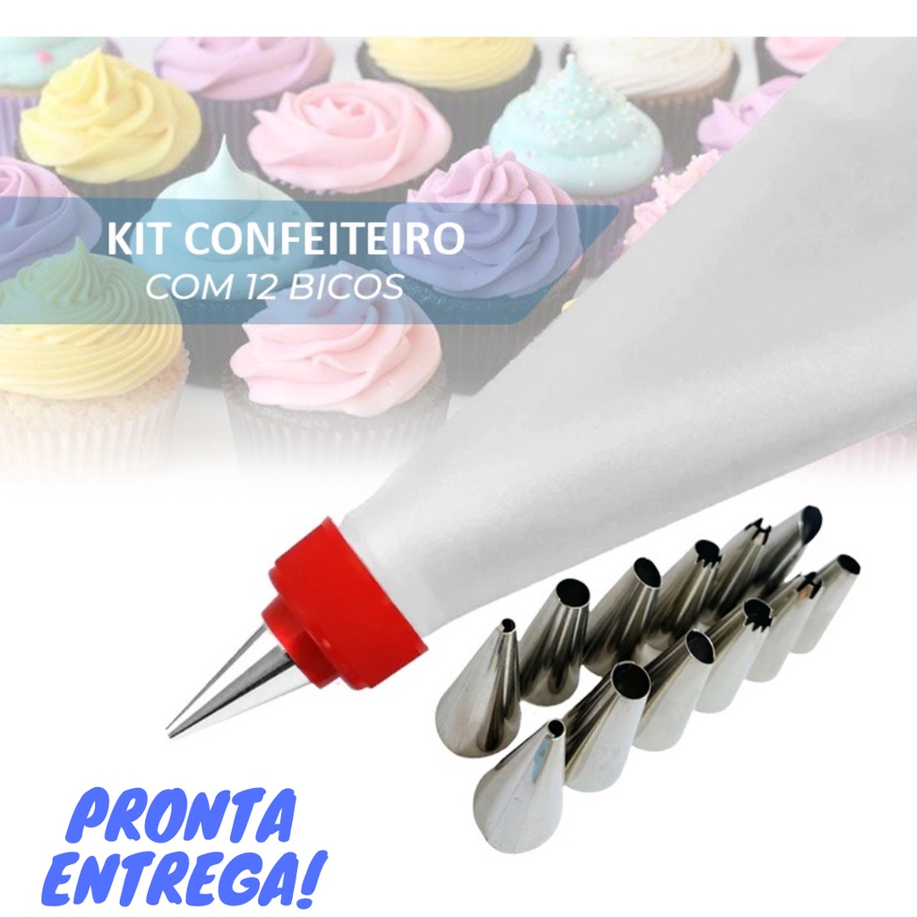 Kit 1 Saco Decorador Confeiteiro com 12 Bicos Inox para Bolo e Cup Cake